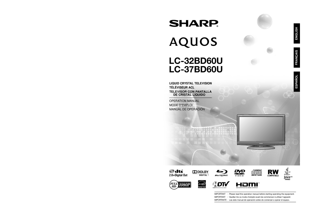 Sharp operation manual LC-32BD60U LC-37BD60U 