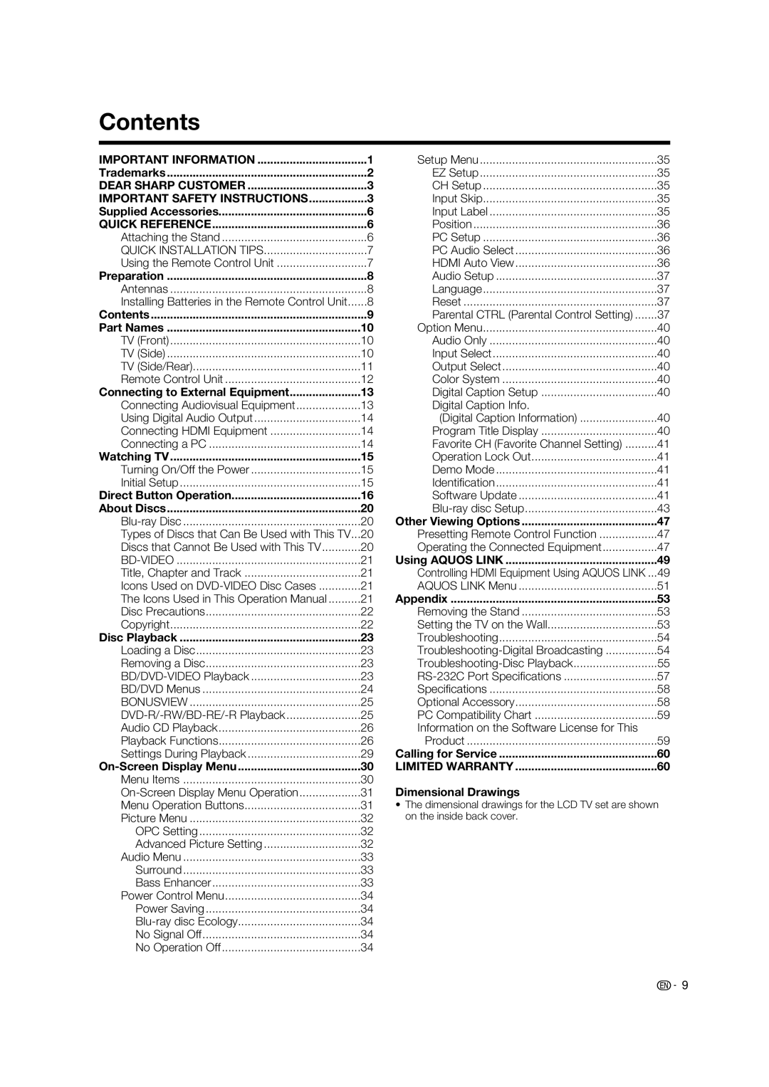 Sharp LC-37BD60U operation manual Contents 