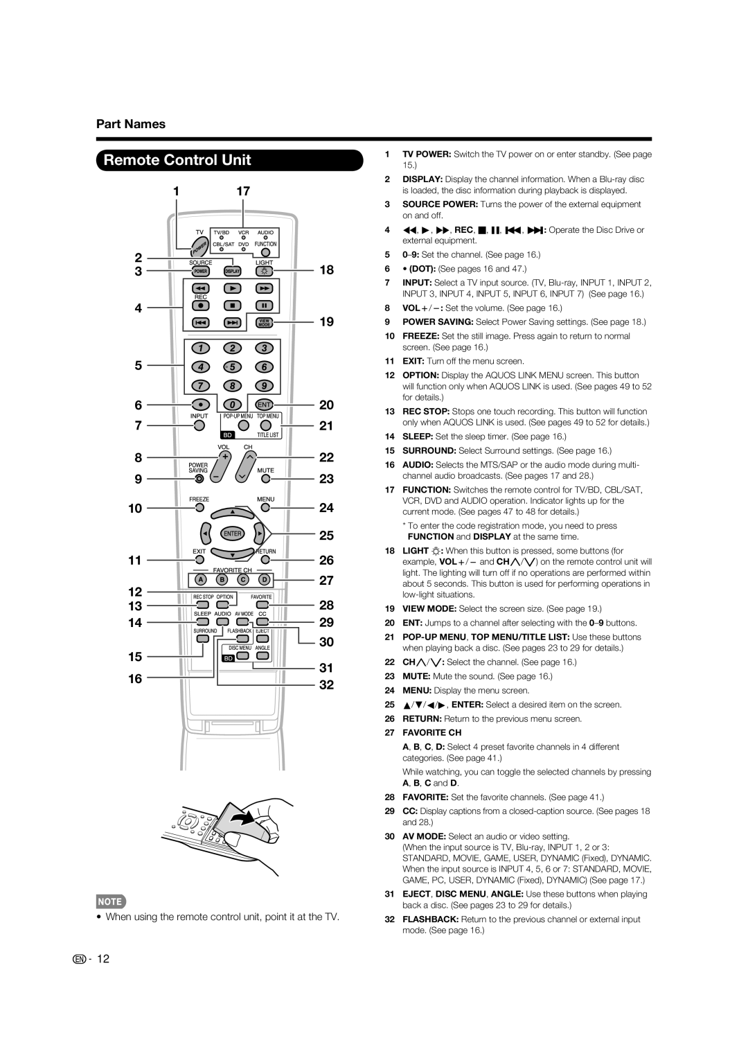 Sharp LC-37BD60U operation manual Remote Control Unit, When using the remote control unit, point it at the TV 