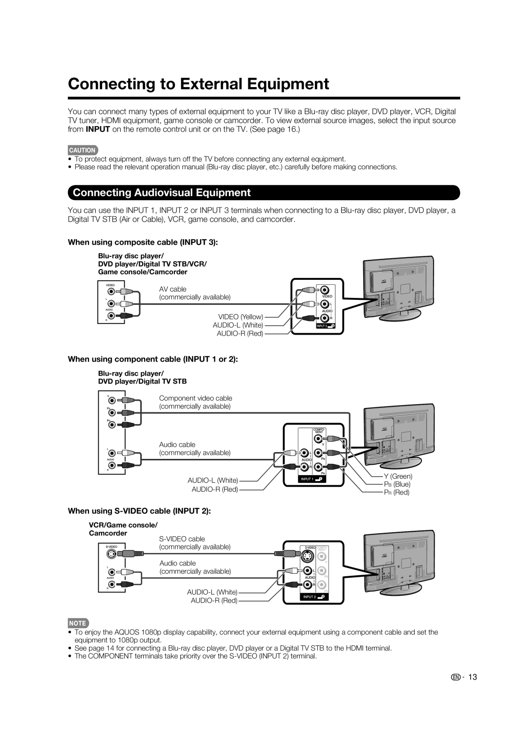 Sharp LC-37BD60U Connecting to External Equipment, Connecting Audiovisual Equipment, When using composite cable Input 