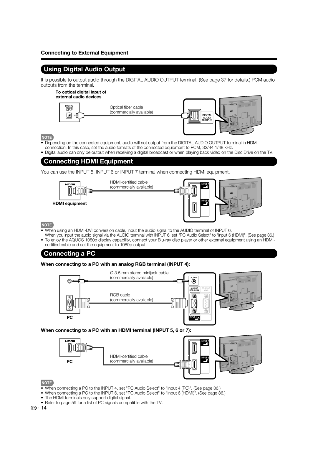 Sharp LC-37BD60U operation manual Using Digital Audio Output, Connecting Hdmi Equipment, Connecting a PC 