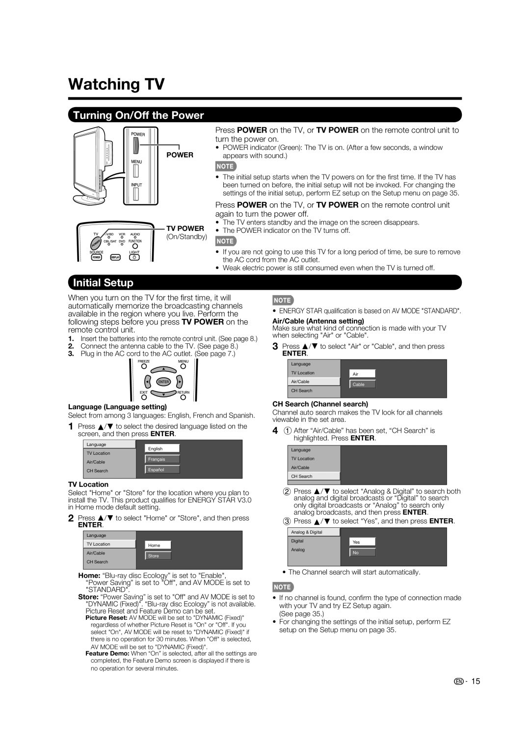 Sharp LC-37BD60U operation manual Watching TV, Turning On/Off the Power, Initial Setup 