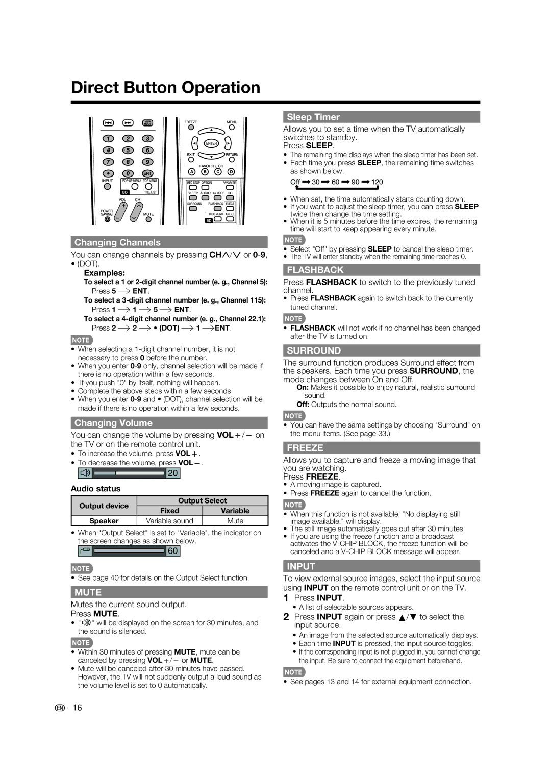 Sharp LC-37BD60U operation manual Direct Button Operation, Changing Channels, Changing Volume, Sleep Timer 