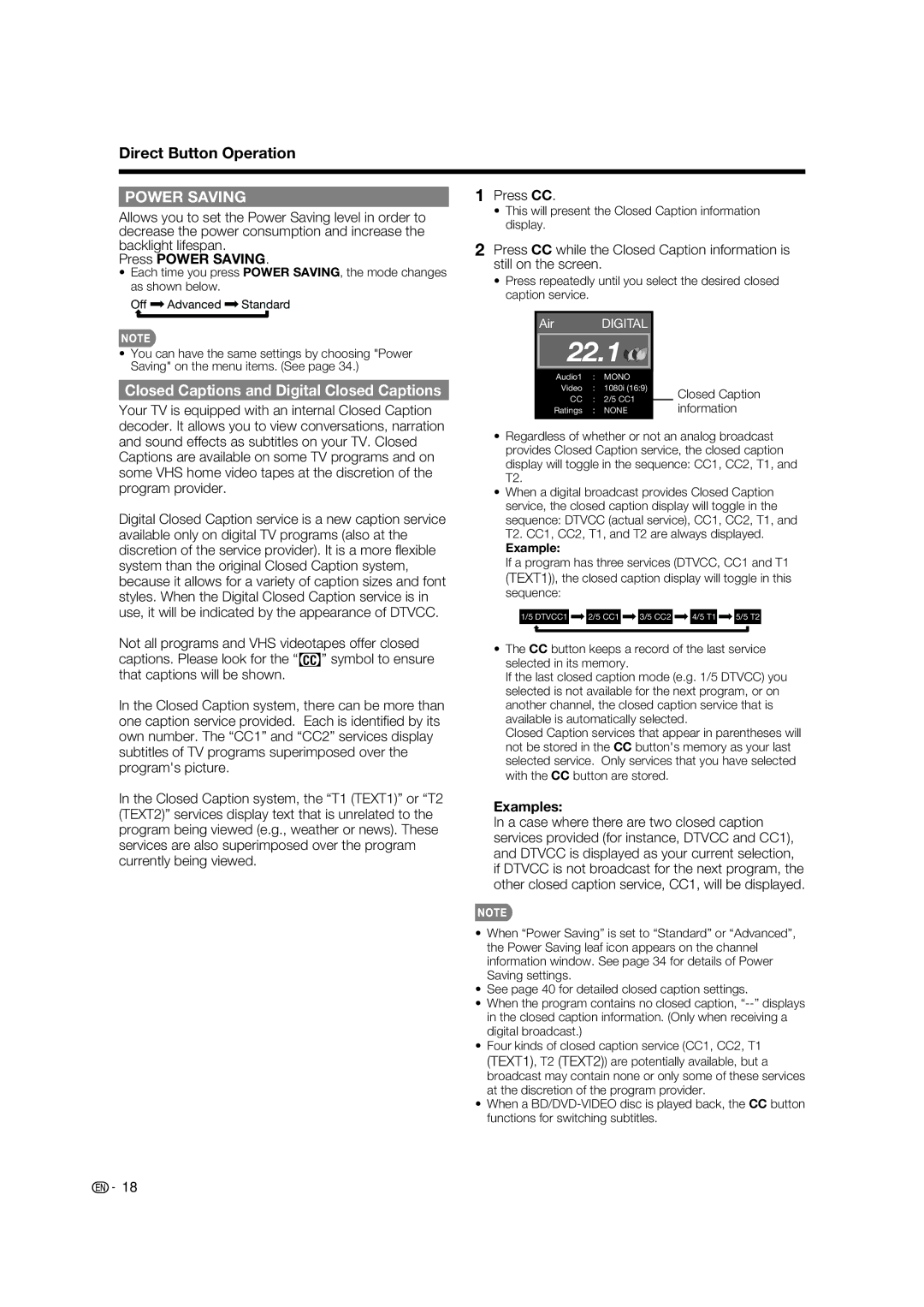 Sharp LC-37BD60U operation manual Closed Captions and Digital Closed Captions, Press Power Saving, Example 