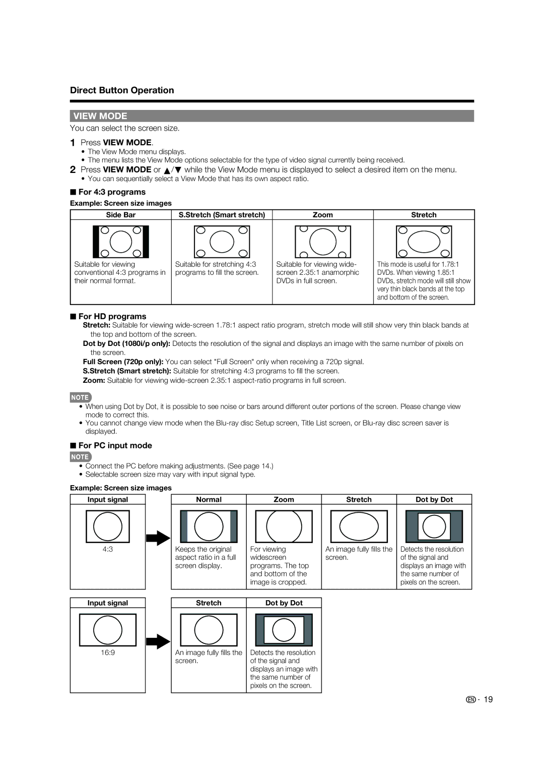 Sharp LC-37BD60U You can select the screen size, Press View Mode, For 43 programs, For HD programs, For PC input mode 