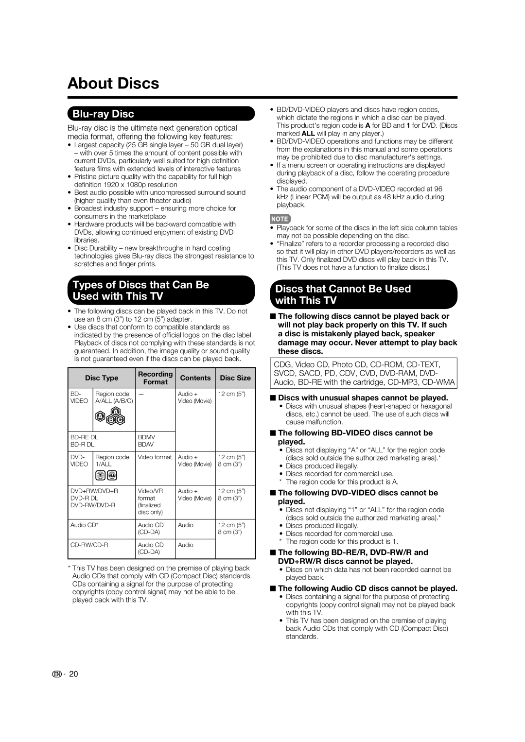 Sharp LC-37BD60U operation manual About Discs, Blu-ray Disc, Types of Discs that Can Be Used with This TV 