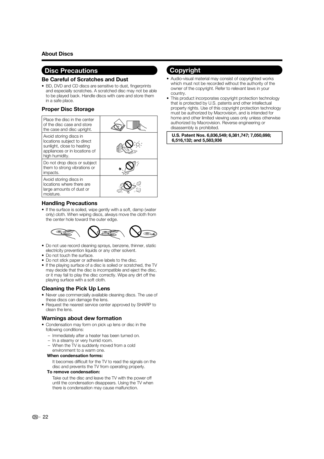 Sharp LC-37BD60U operation manual Disc Precautions, Copyright, When condensation forms, To remove condensation 