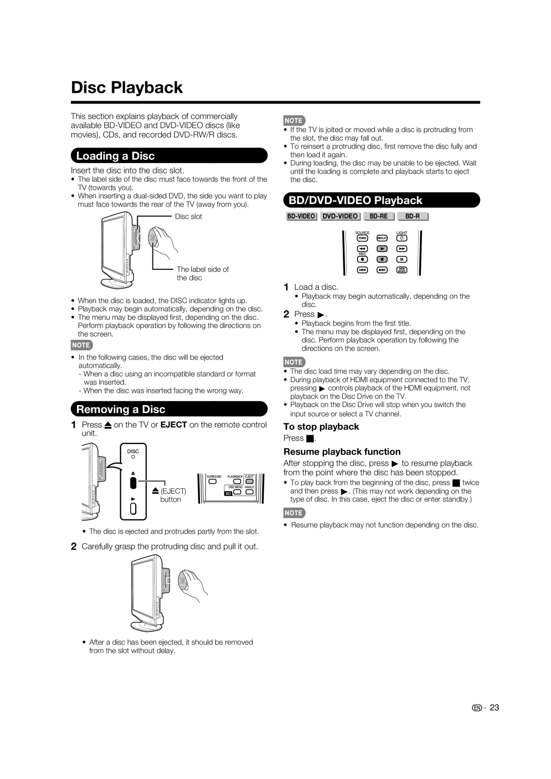 Sharp LC-37BD60U operation manual Disc Playback, Loading a Disc, Removing a Disc, BD/DVD-VIDEO Playback 