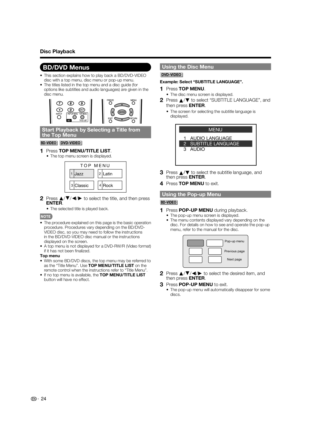 Sharp LC-37BD60U operation manual BD/DVD Menus, Using the Disc Menu, Start Playback by Selecting a Title from Top Menu 