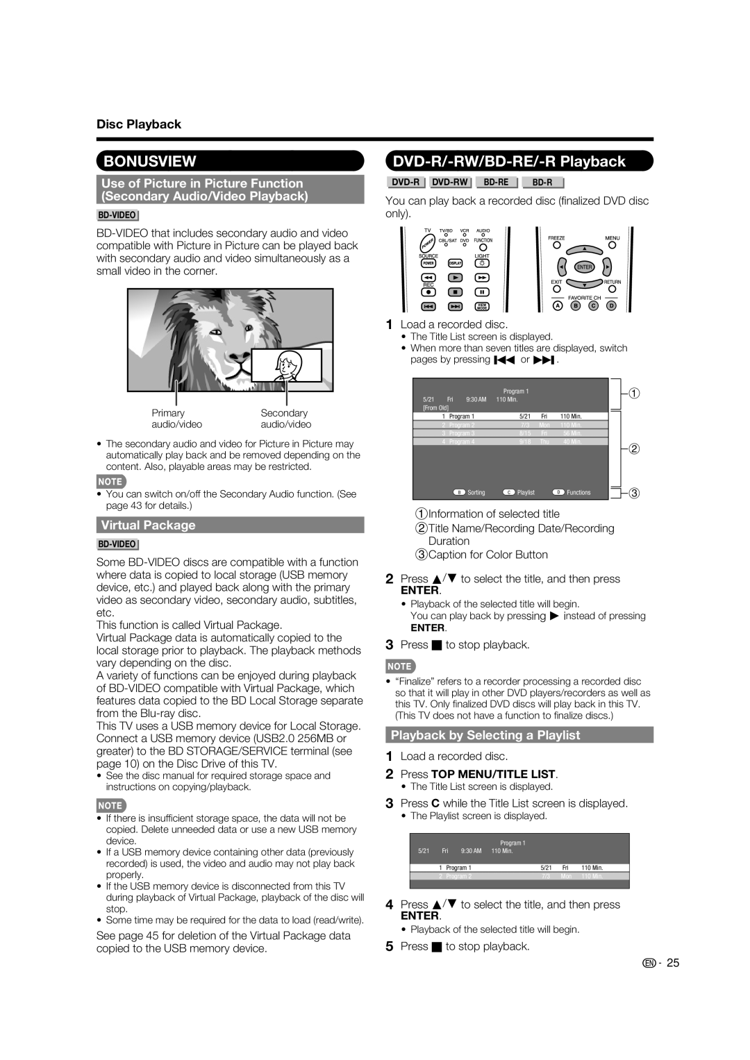 Sharp LC-37BD60U DVD-R/-RW/BD-RE/-R Playback, Virtual Package, Playback by Selecting a Playlist, Press Hto stop playback 