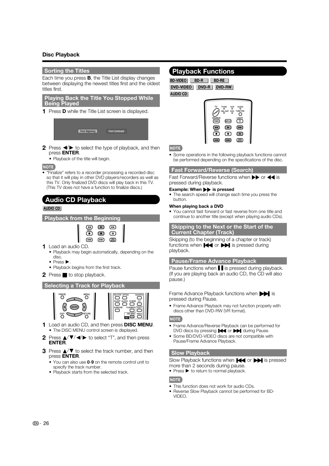 Sharp LC-37BD60U operation manual Audio CD Playback, Playback Functions 