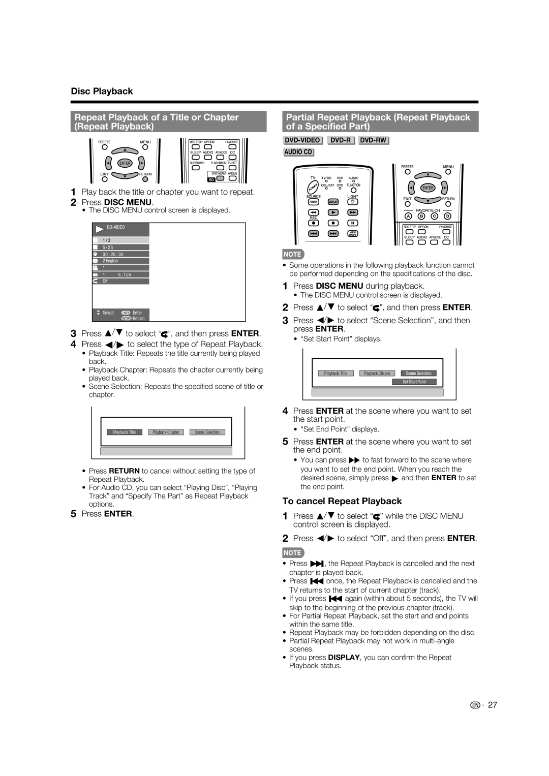 Sharp LC-37BD60U Repeat Playback of a Title or Chapter, Partial Repeat Playback Repeat Playback A Speciﬁed Part 