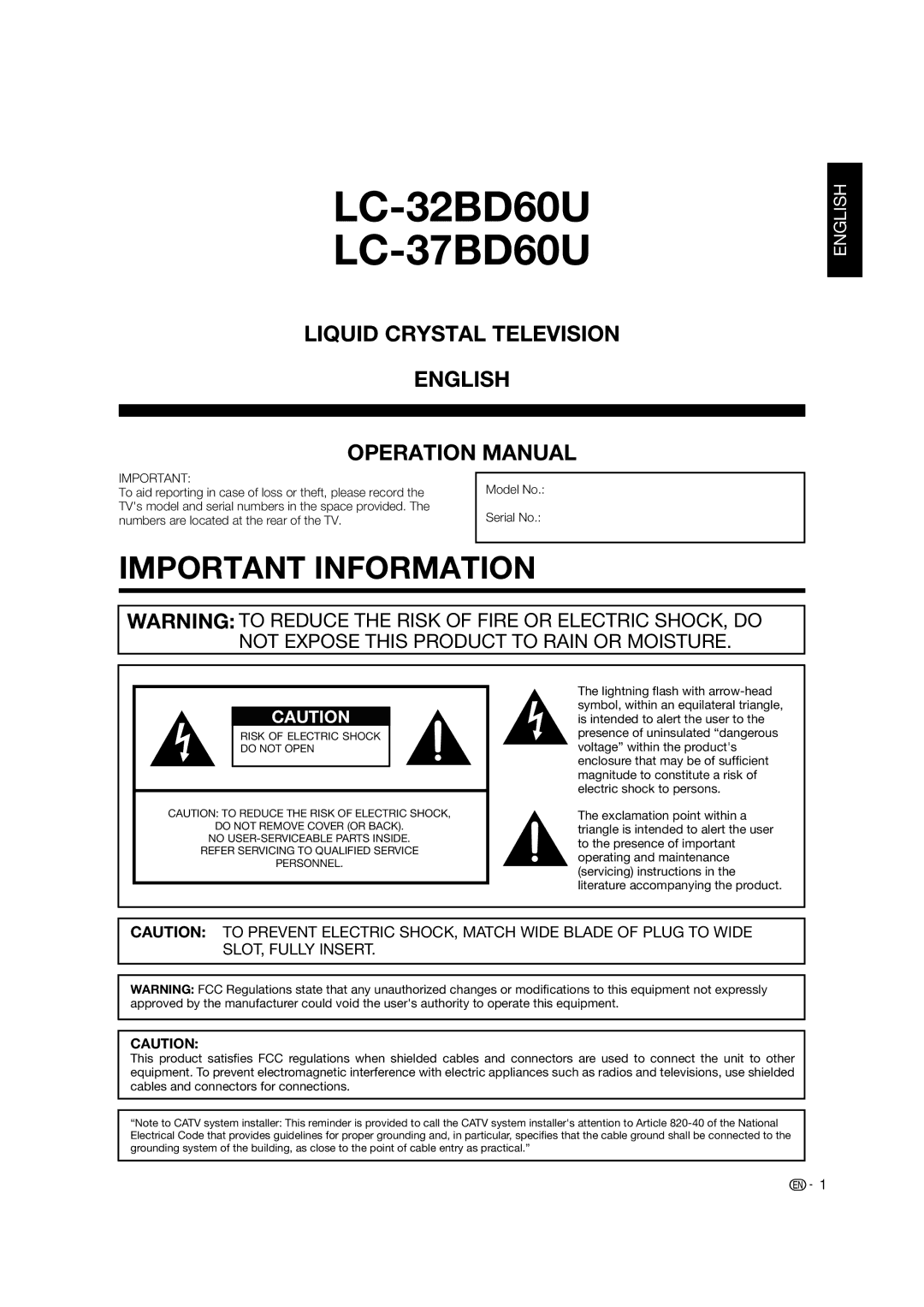 Sharp operation manual LC-32BD60U LC-37BD60U 