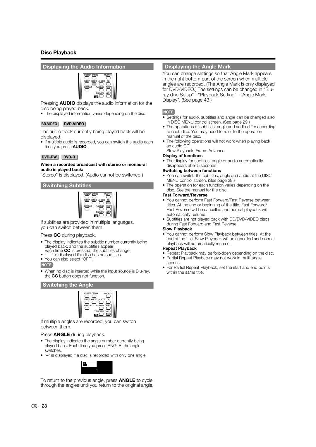 Sharp LC-37BD60U Displaying the Audio Information, Displaying the Angle Mark, Switching Subtitles, Switching the Angle 