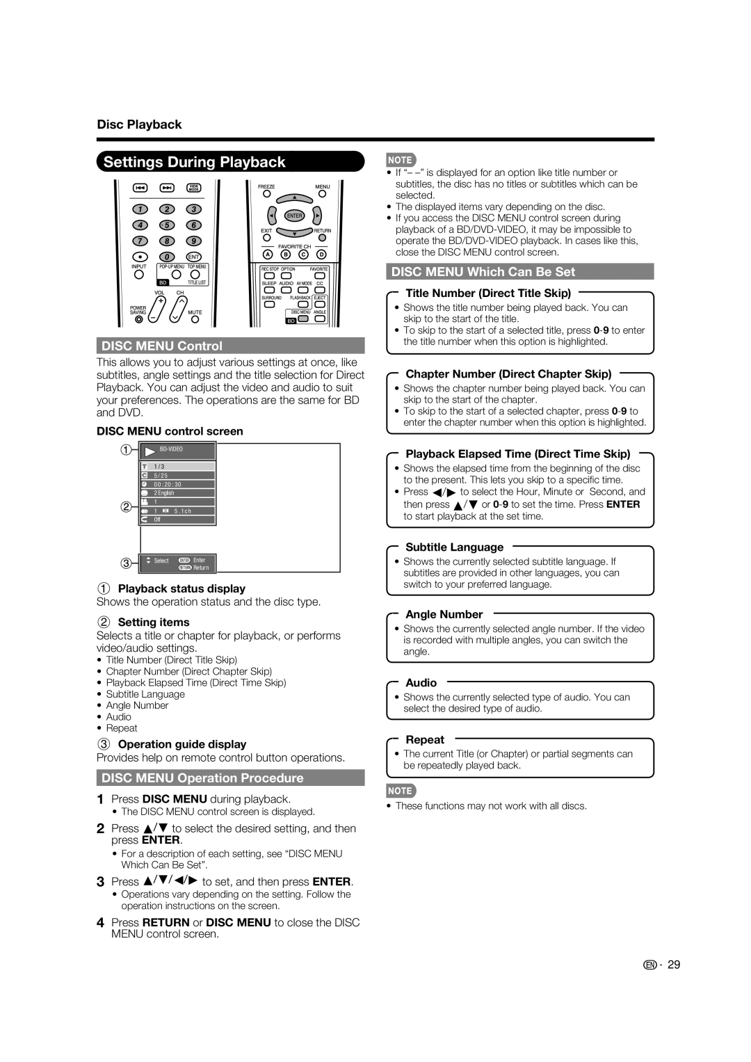 Sharp LC-37BD60U Settings During Playback, Disc Menu Control, Disc Menu Operation Procedure, Disc Menu Which Can Be Set 