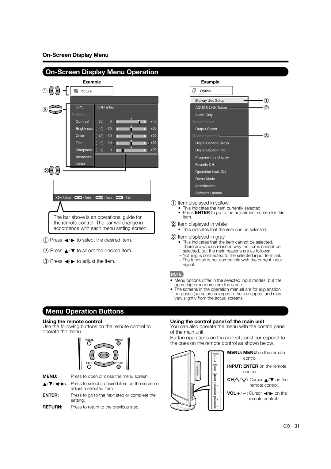 Sharp LC-37BD60U operation manual On-Screen Display Menu Operation, Menu Operation Buttons, Using the remote control 