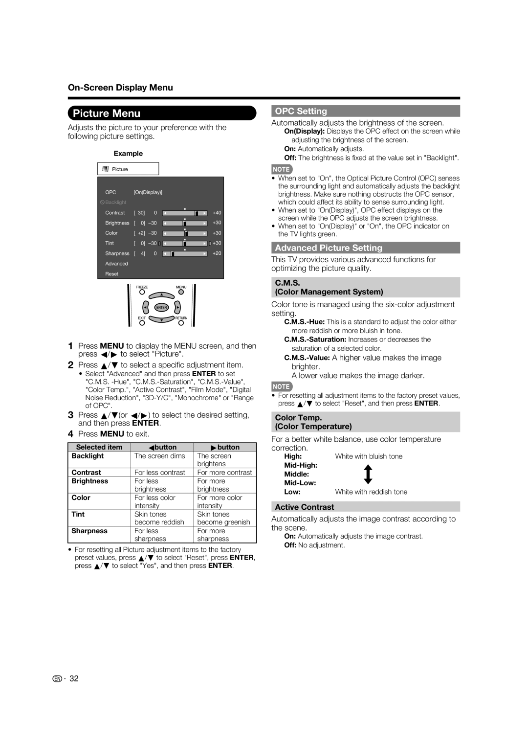 Sharp LC-37BD60U operation manual Picture Menu, OPC Setting, Advanced Picture Setting 