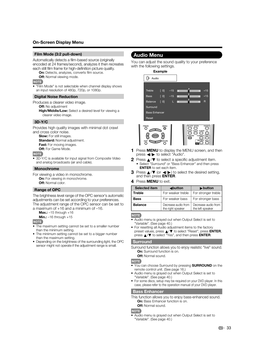 Sharp LC-37BD60U operation manual Audio Menu, Surround, Bass Enhancer 