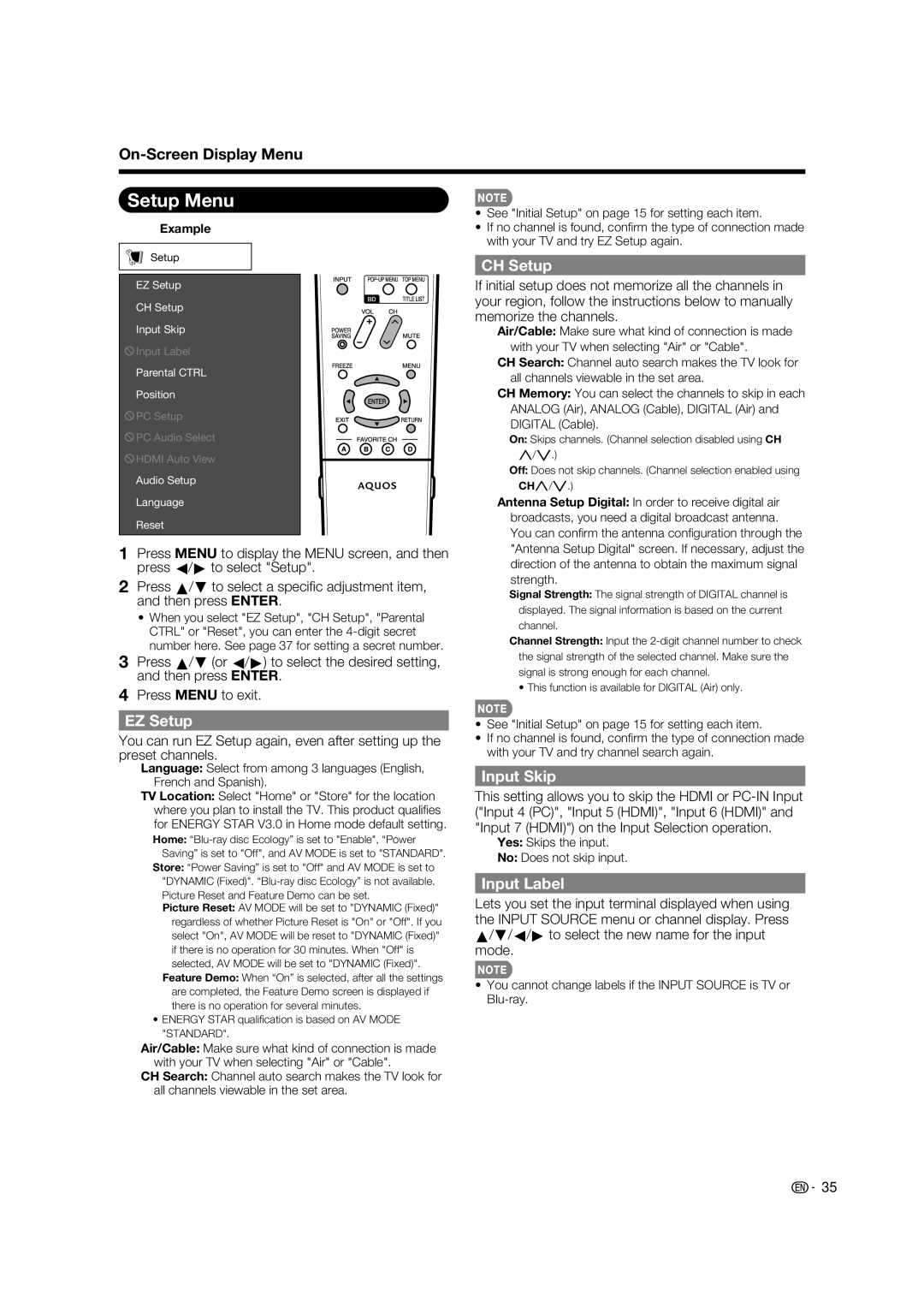 Sharp LC-37BD60U operation manual Setup Menu, EZ Setup, CH Setup, Input Skip, Input Label 