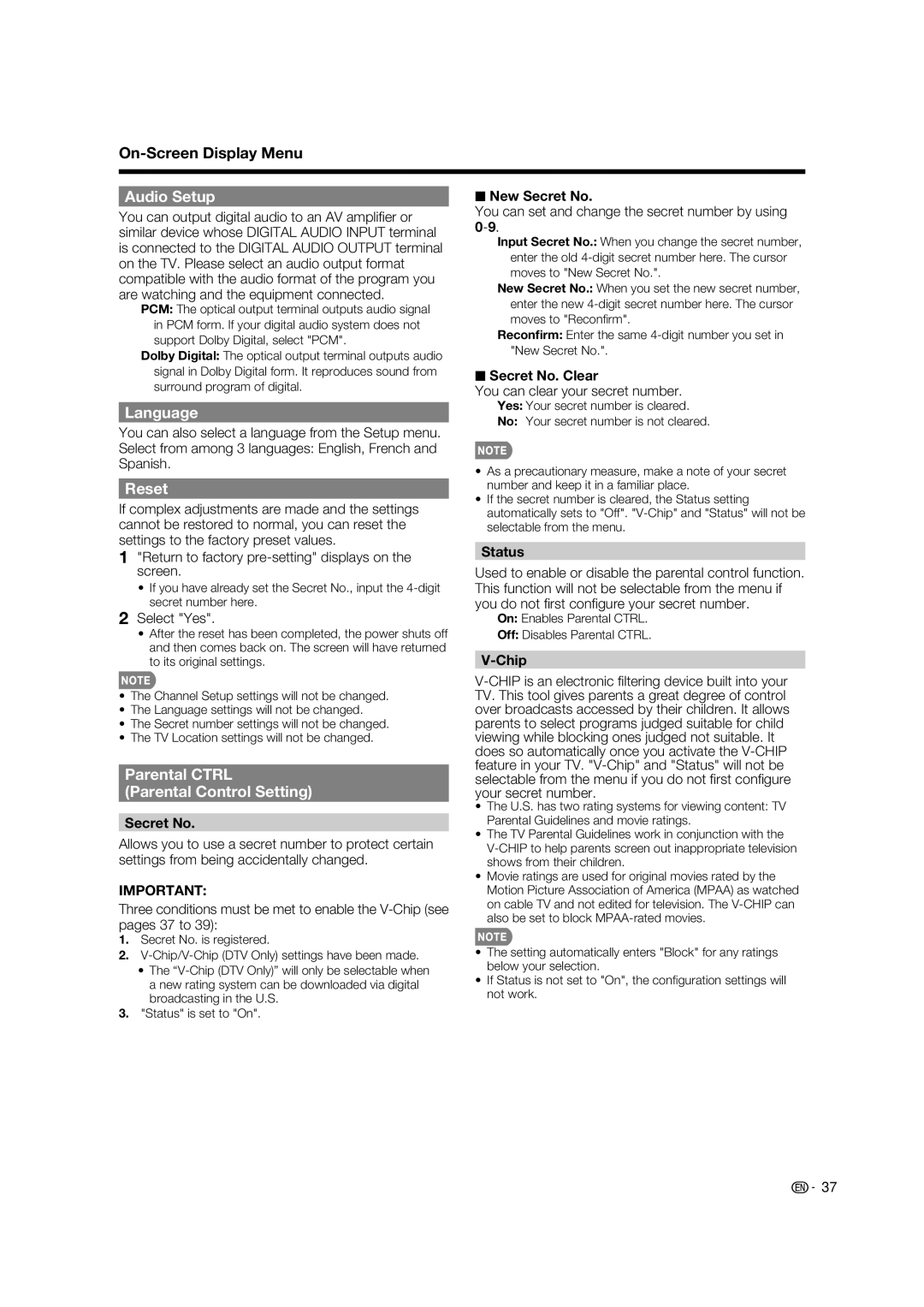 Sharp LC-37BD60U operation manual Audio Setup, Language, Reset, Parental Ctrl Parental Control Setting 