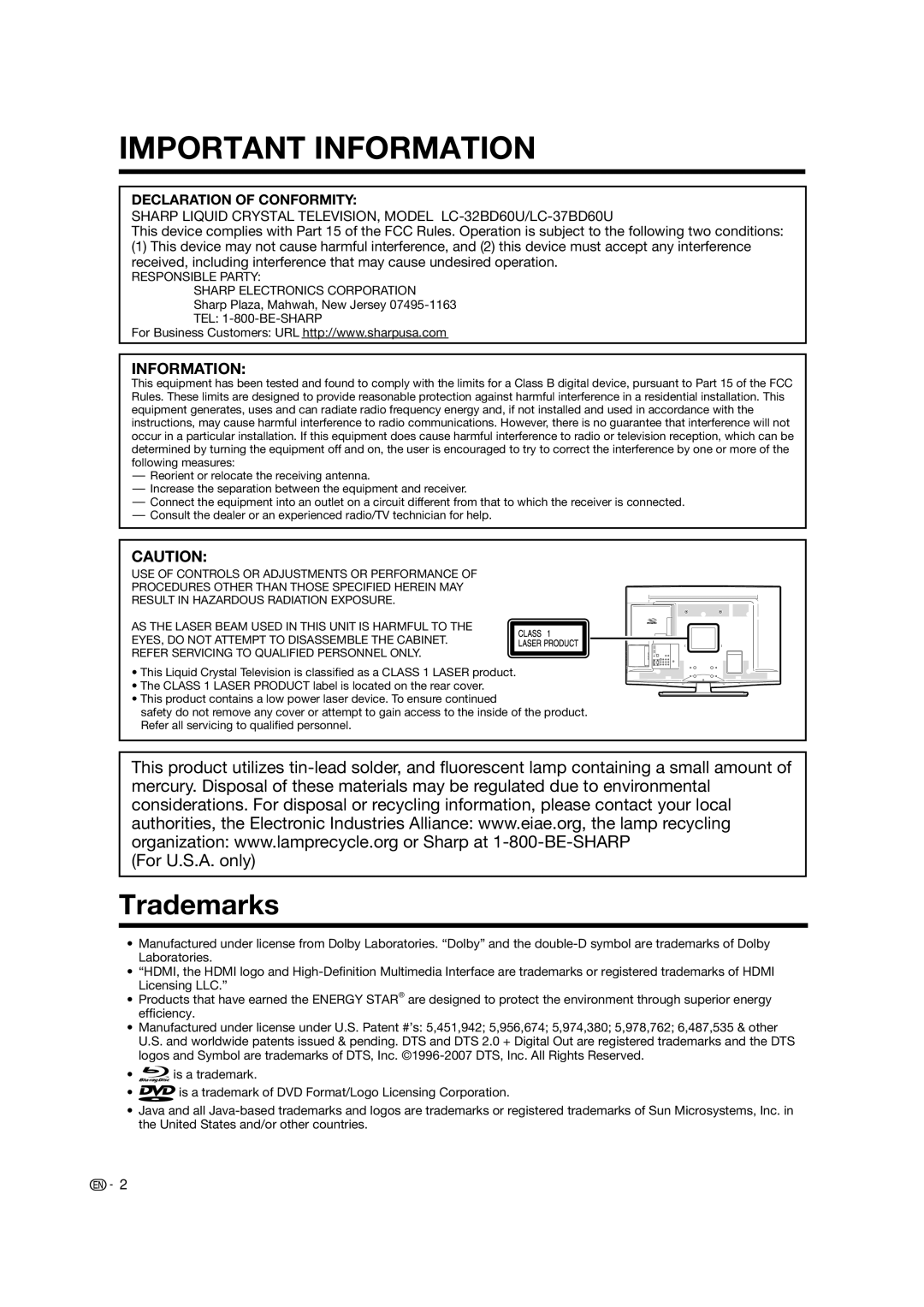 Sharp LC-37BD60U operation manual Trademarks, Declaration of Conformity 