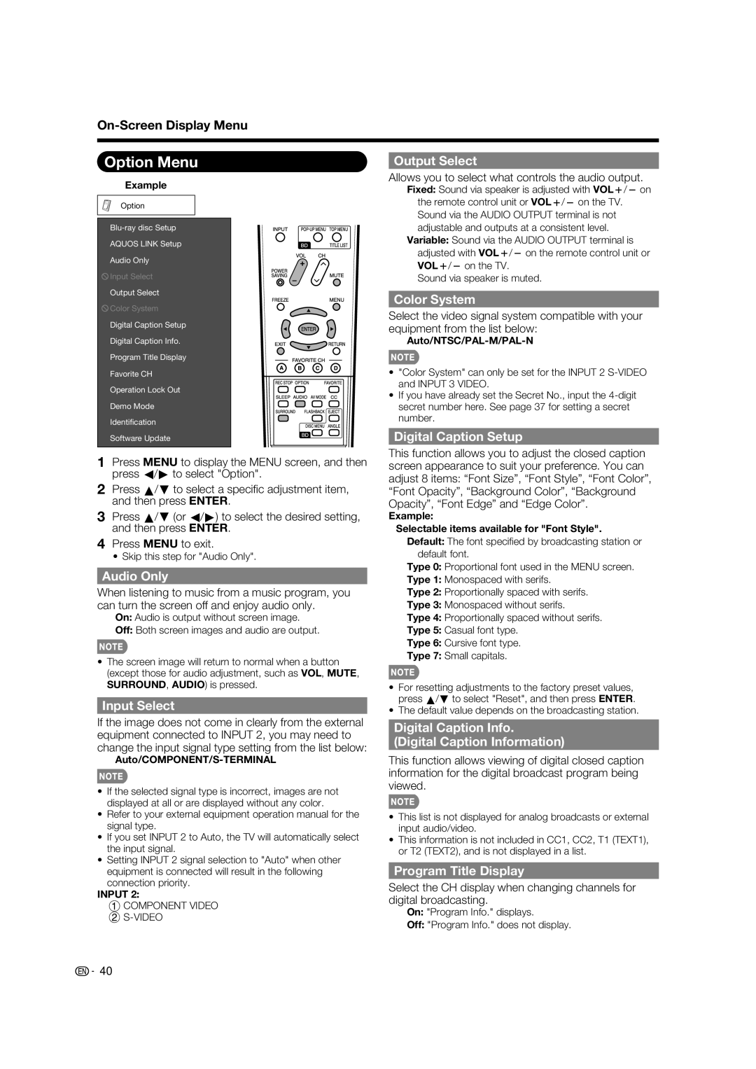 Sharp LC-37BD60U operation manual Option Menu 