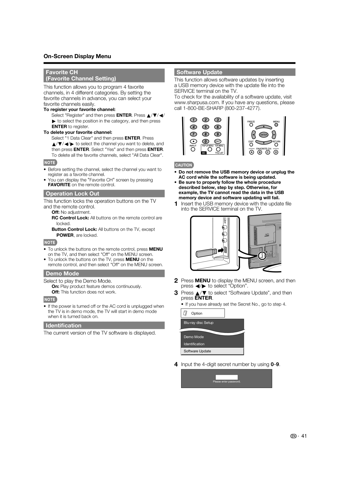 Sharp LC-37BD60U Favorite CH Favorite Channel Setting, Software Update, Operation Lock Out, Demo Mode, Identiﬁcation 