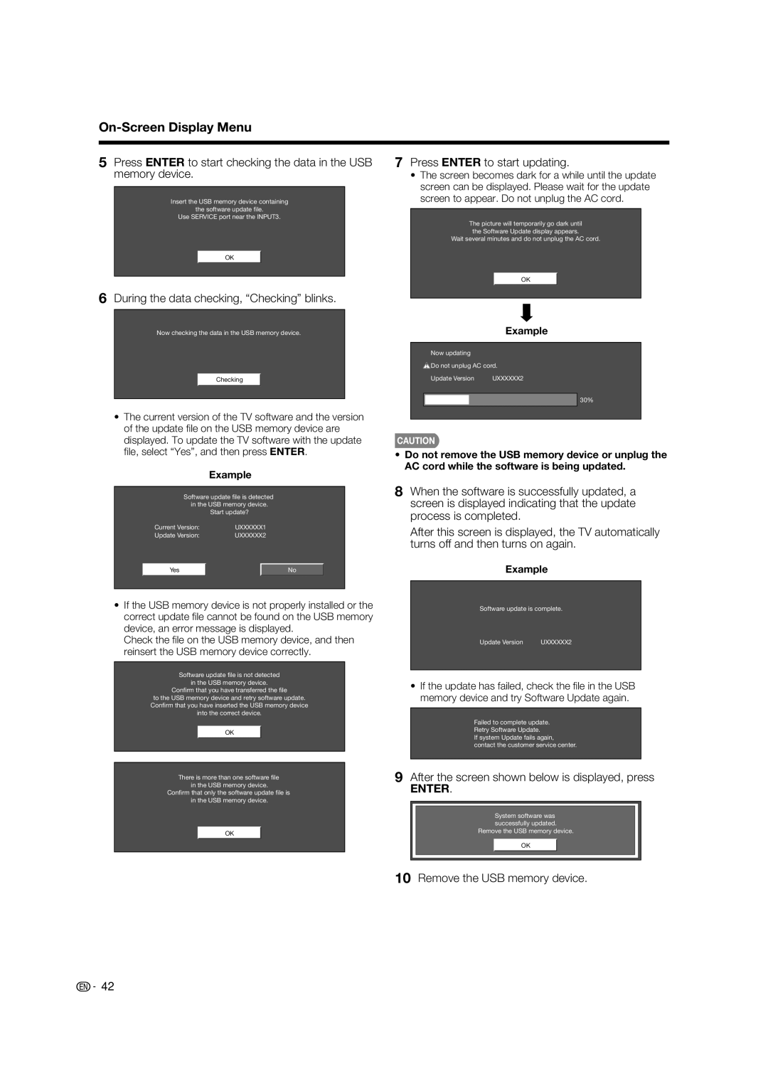 Sharp LC-37BD60U During the data checking, Checking blinks, Press Enter to start updating, Remove the USB memory device 