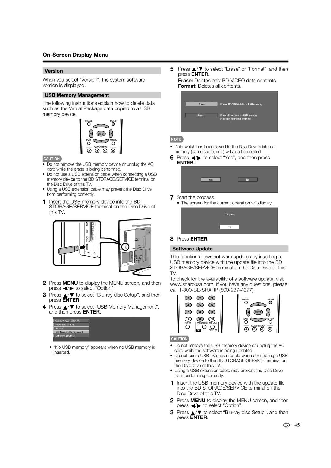 Sharp LC-37BD60U Version, USB Memory Management, Press c/d to select Yes, and then press, Start the process 