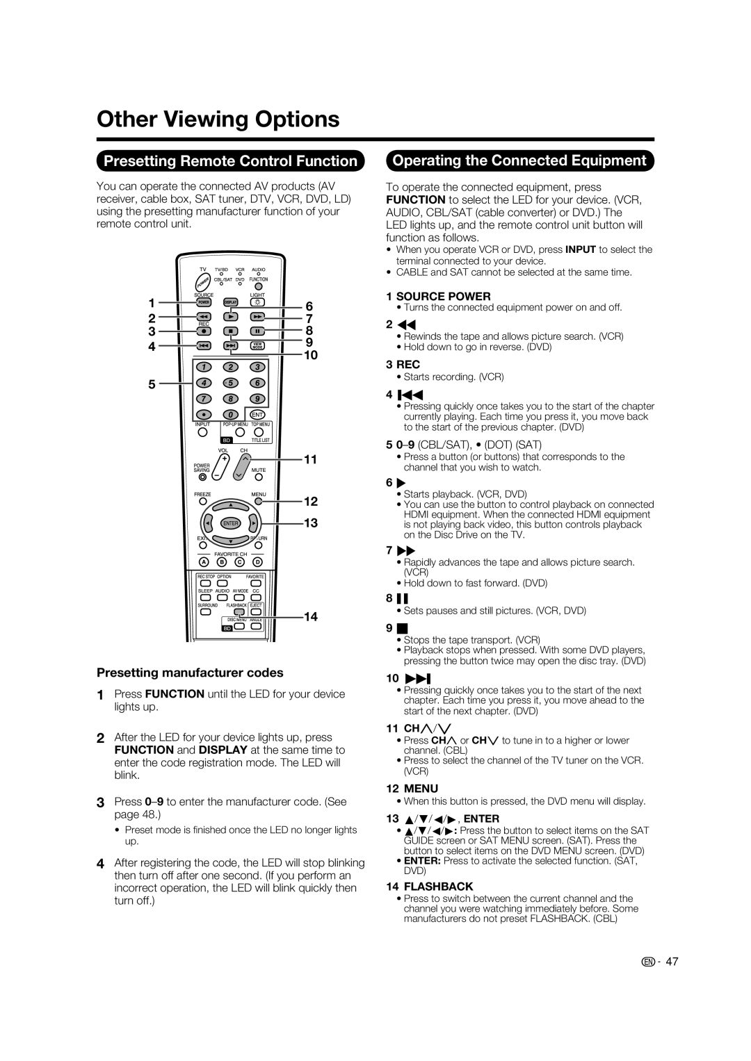 Sharp LC-37BD60U Other Viewing Options, Presetting Remote Control Function, 9CBL/SAT, DOT SAT, 13 a/b/c/d, Enter 