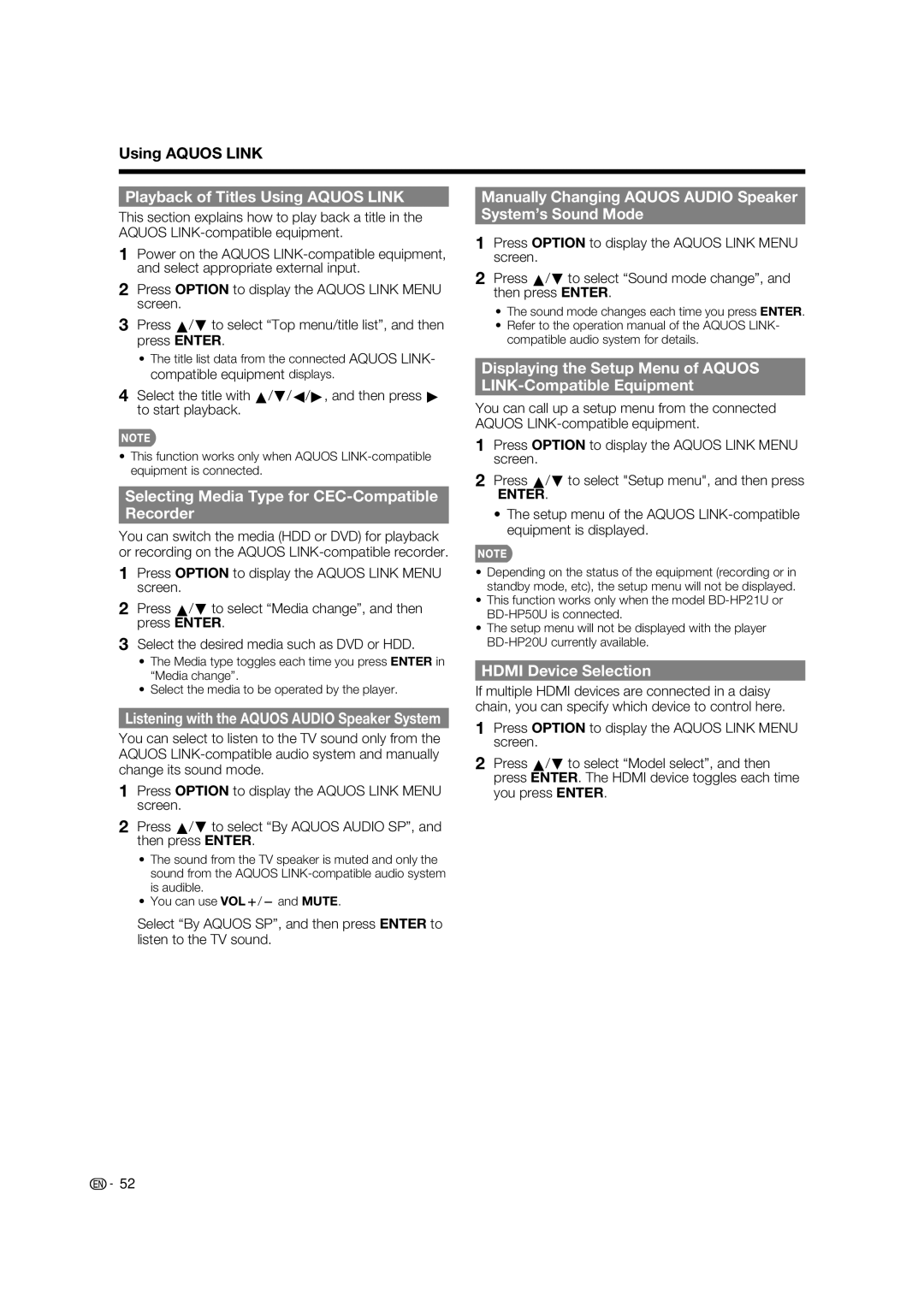 Sharp LC-37BD60U operation manual Playback of Titles Using Aquos Link, Selecting Media Type for CEC-Compatible Recorder 