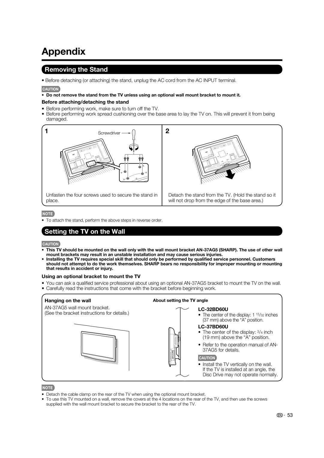 Sharp LC-37BD60U operation manual Appendix, Removing the Stand, Setting the TV on the Wall 