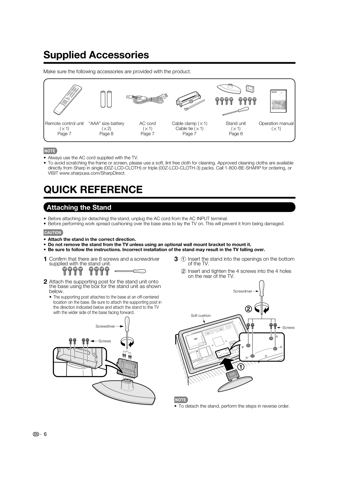 Sharp LC-37BD60U operation manual Supplied Accessories, Attaching the Stand 