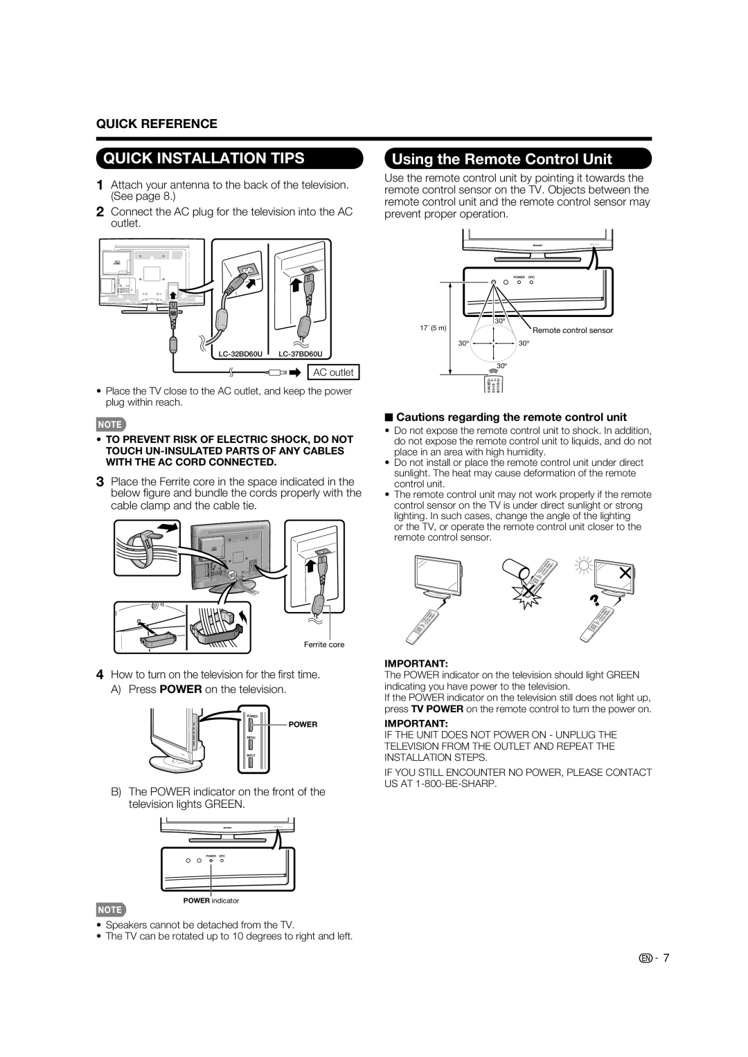 Sharp LC-37BD60U Using the Remote Control Unit, Power indicator on the front of the television lights Green 