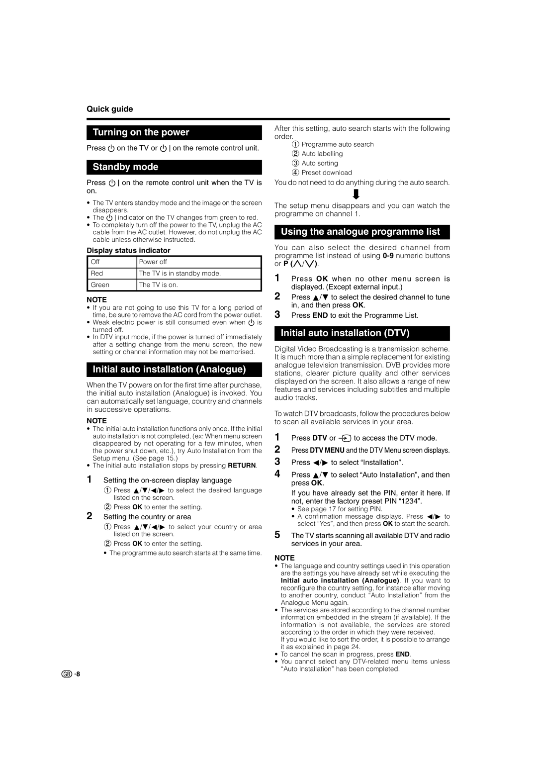 Sharp LC-32GD8E Turning on the power, Standby mode, Initial auto installation Analogue, Using the analogue programme list 