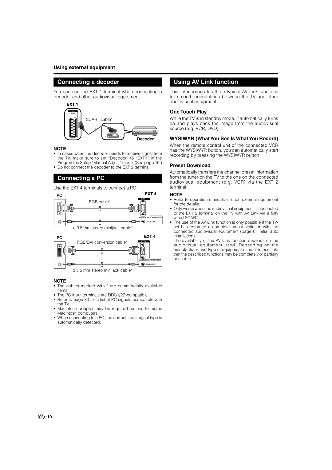 Sharp LC-37BT8E, LC-37GD8E, LC-32GD8E, LC-32BT8E Connecting a decoder, Connecting a PC, Using AV Link function 