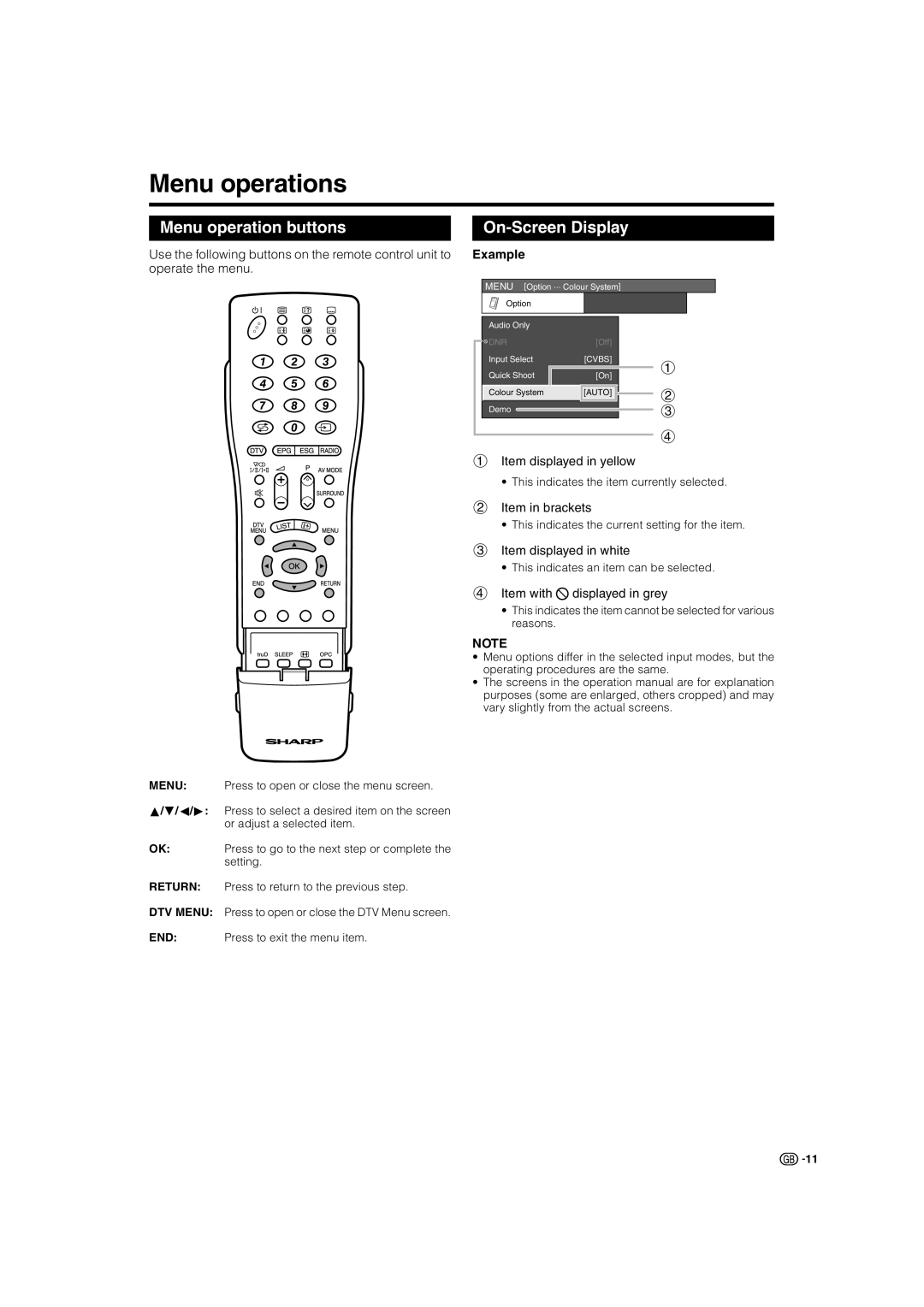 Sharp LC-37GD8E, LC-37BT8E, LC-32GD8E, LC-32BT8E Menu operations, Menu operation buttons, On-Screen Display, Example 