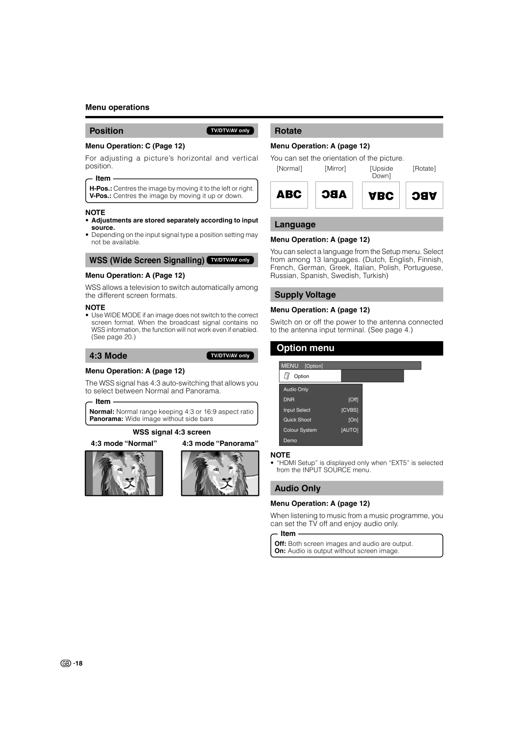 Sharp LC-37BT8E, LC-37GD8E, LC-32GD8E, LC-32BT8E operation manual Option menu 