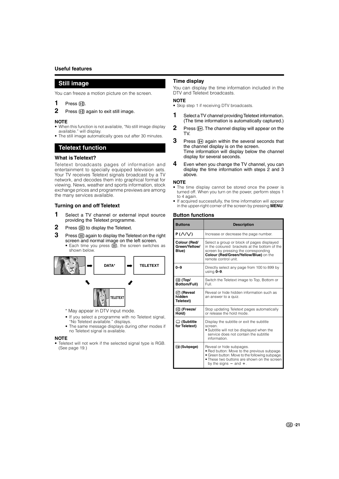 Sharp LC-32BT8E, LC-37BT8E, LC-37GD8E, LC-32GD8E operation manual Still image, Teletext function 