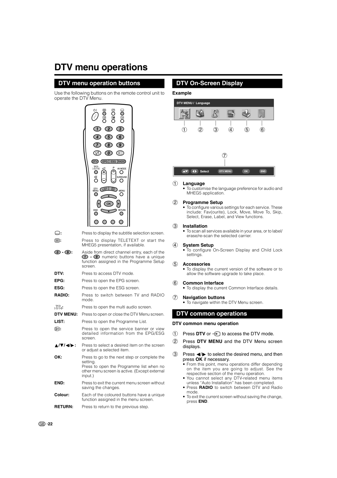 Sharp LC-37BT8E, LC-37GD8E DTV menu operations, DTV menu operation buttons, DTV On-Screen Display, DTV common operations 