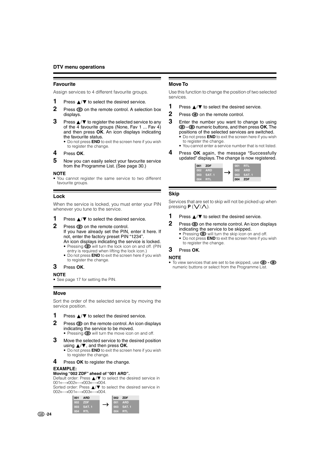 Sharp LC-32GD8E, LC-37BT8E, LC-37GD8E DTV menu operations Favourite, Move To, Skip, Press OK to register the change 