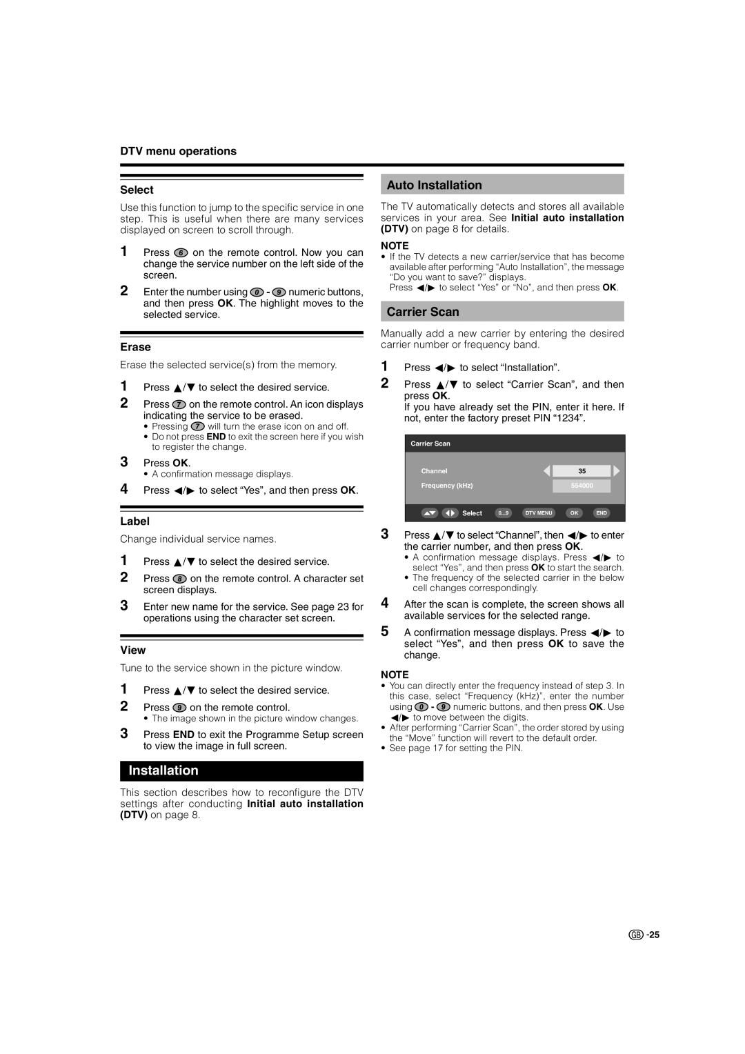 Sharp LC-32BT8E, LC-37BT8E, LC-37GD8E, LC-32GD8E operation manual Auto Installation, Carrier Scan 