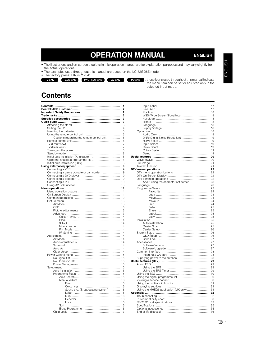 Sharp LC-32BT8E, LC-37BT8E, LC-37GD8E, LC-32GD8E operation manual Contents 