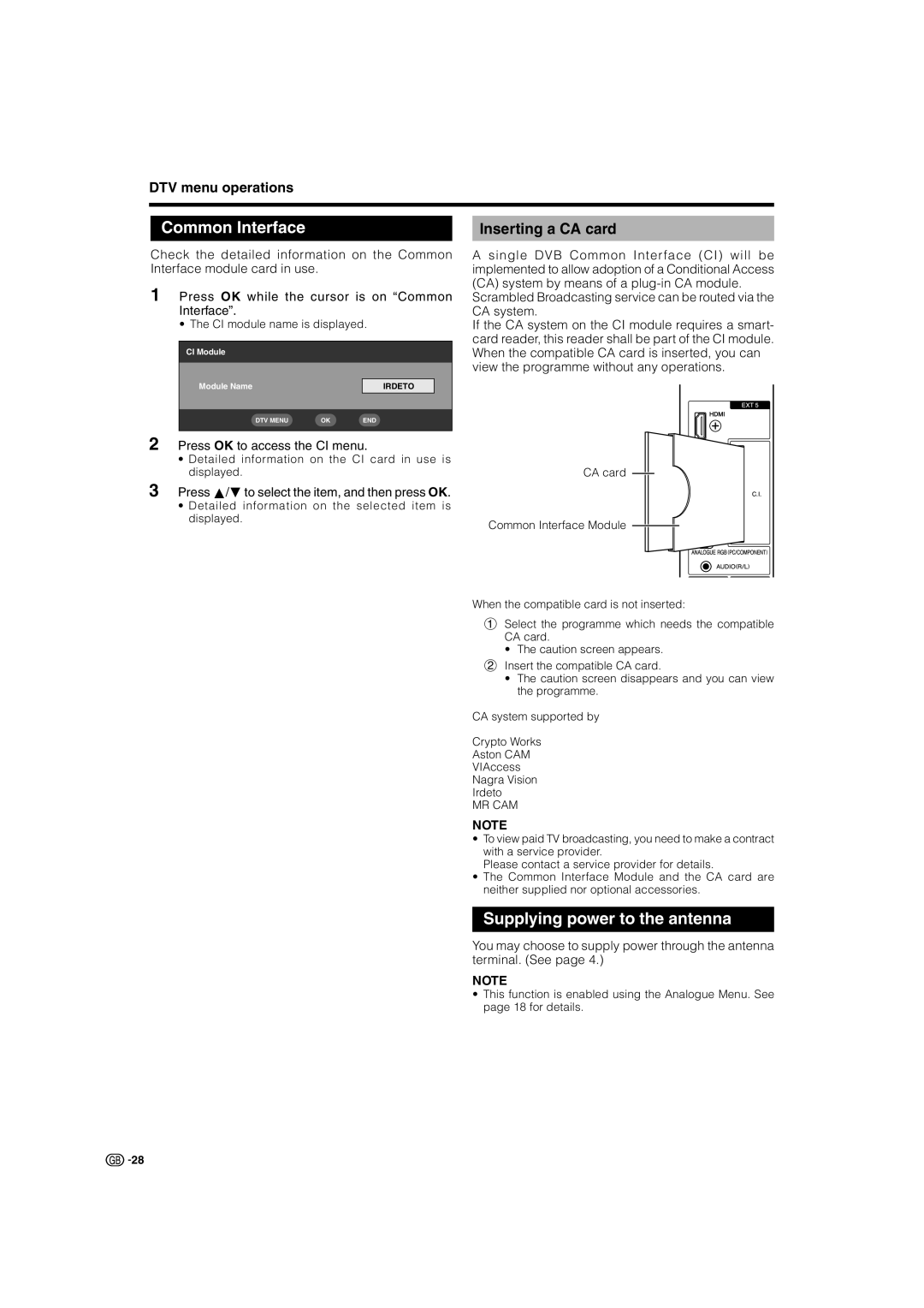 Sharp LC-32GD8E Common Interface, Supplying power to the antenna, Inserting a CA card, Press OK to access the CI menu 