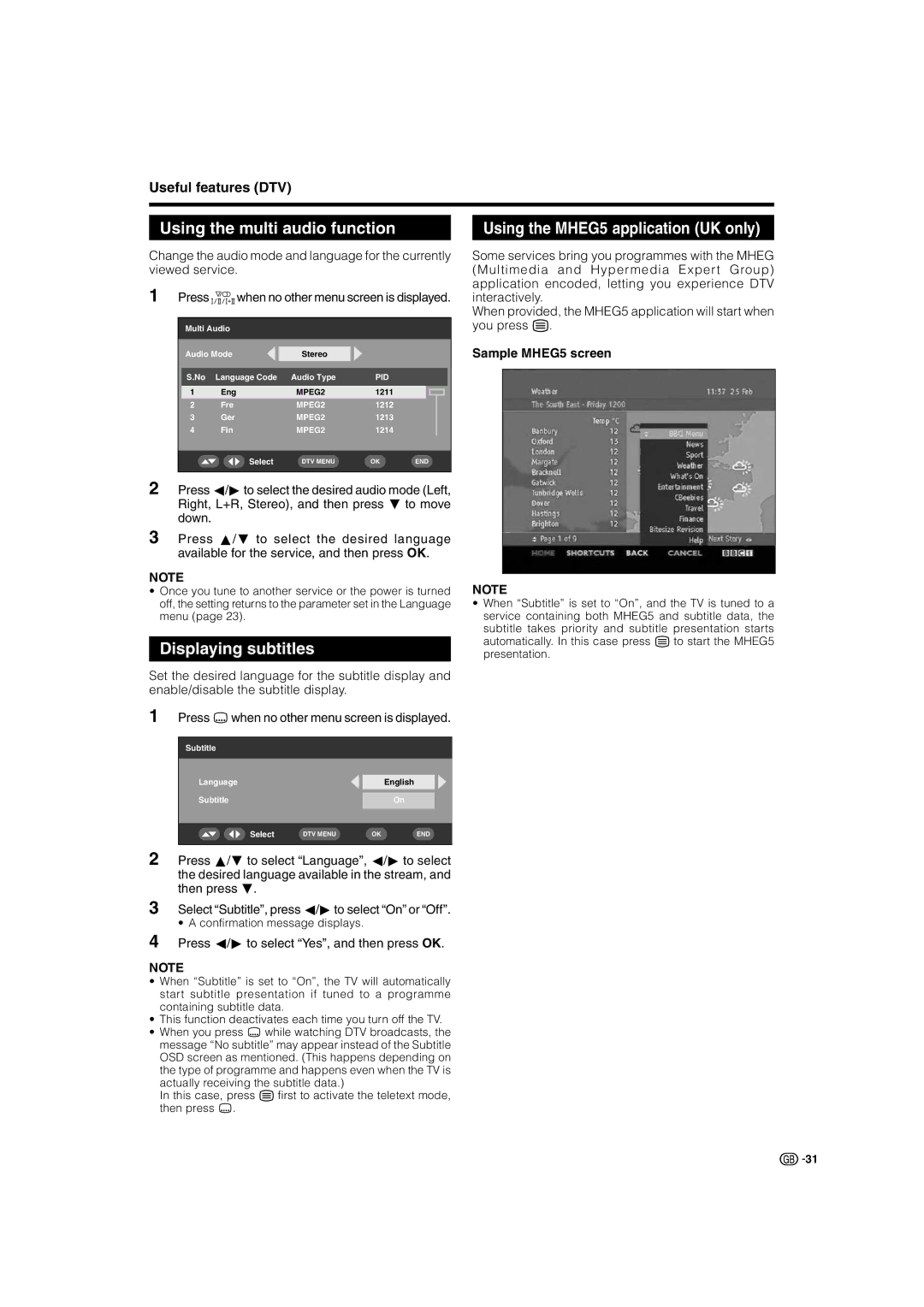 Sharp LC-37GD8E, LC-37BT8E Using the multi audio function, Displaying subtitles, Using the MHEG5 application UK only 