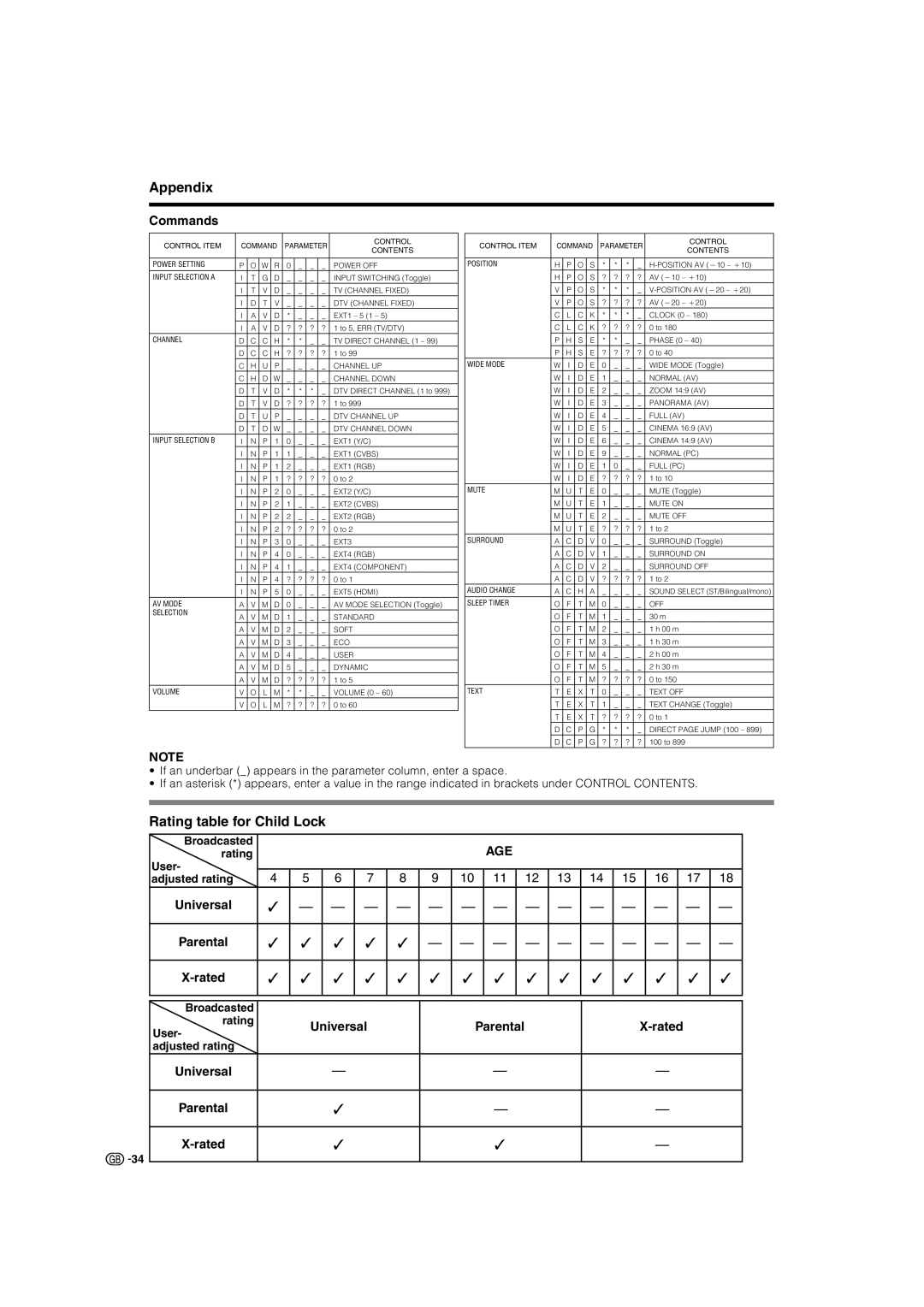 Sharp LC-37BT8E, LC-37GD8E, LC-32GD8E, LC-32BT8E Rating table for Child Lock, Commands, Universal Parental Rated 