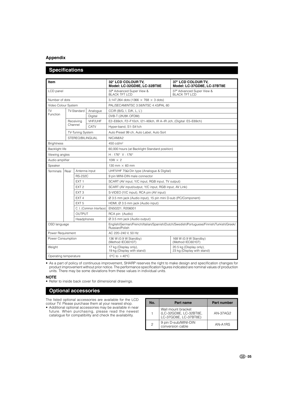 Sharp LC-37GD8E, LC-37BT8E, LC-32GD8E, LC-32BT8E operation manual Specifications, Optional accessories, Part name Part number 