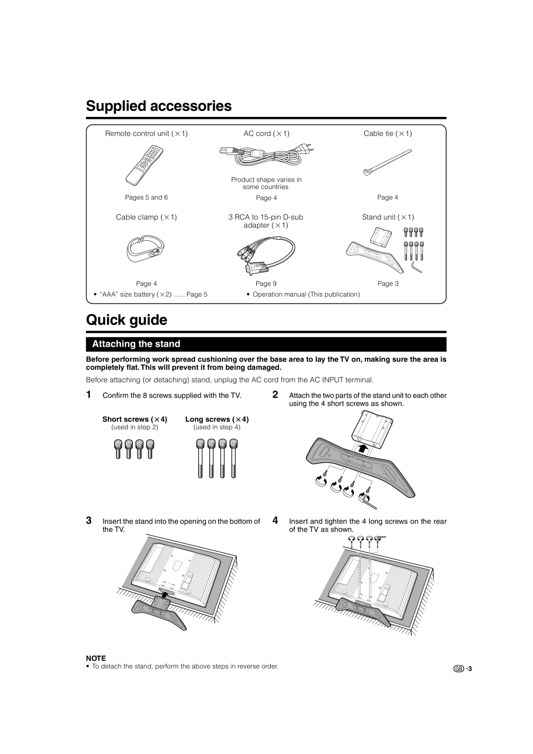 Sharp LC-37GD8E, LC-37BT8E Supplied accessories, Quick guide, Attaching the stand, Short screws m4, Long screws m4 