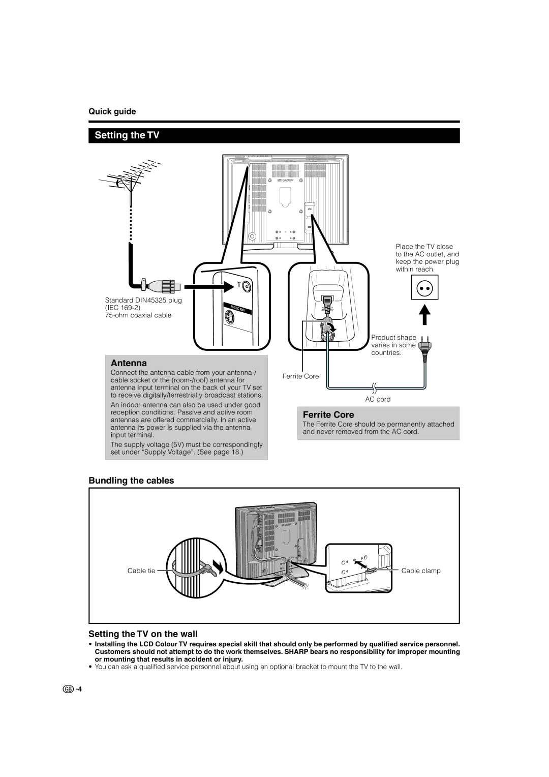 Sharp LC-32GD8E, LC-37BT8E, LC-37GD8E, LC-32BT8E Antenna, Ferrite Core, Bundling the cables, Setting the TV on the wall 