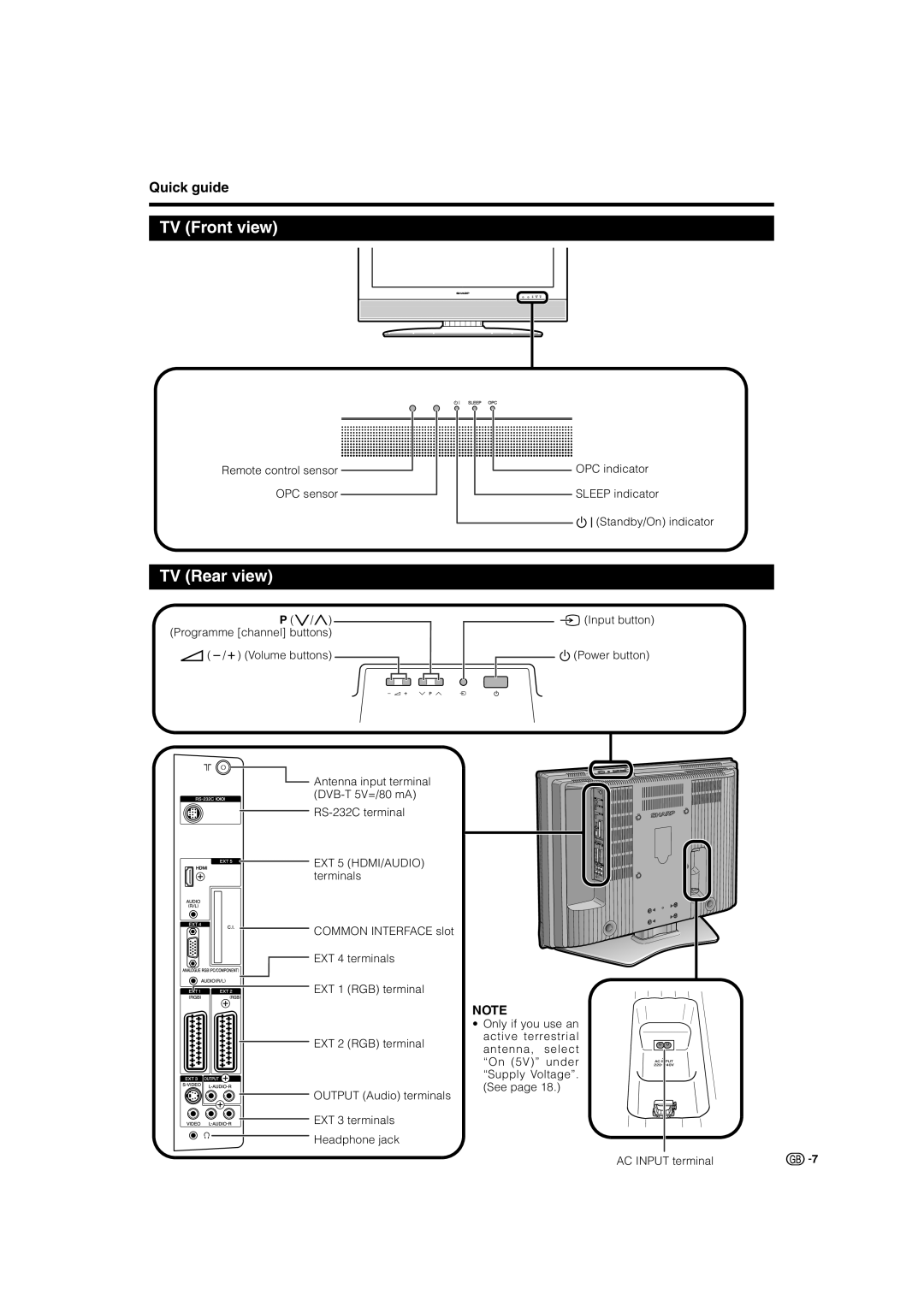 Sharp LC-37GD8E, LC-37BT8E, LC-32GD8E, LC-32BT8E operation manual TV Front view, TV Rear view 